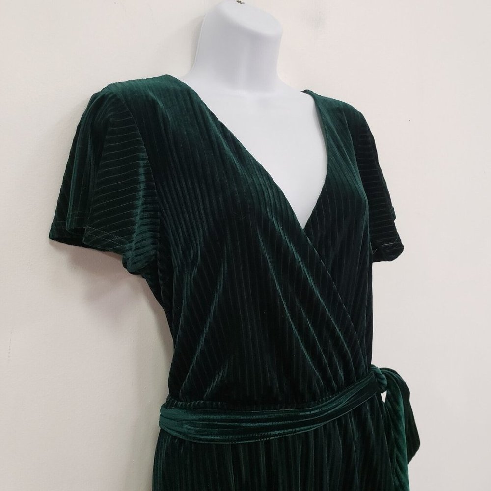 Modcloth Womens Green Velvet Faux Wrap Midi Dress Size L Short Sleeve V-Neck